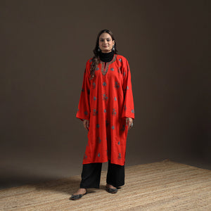 Red - Kashmiri Heavy Sozni Hand Embroidered Handwoven Merino Wool Pheran 32