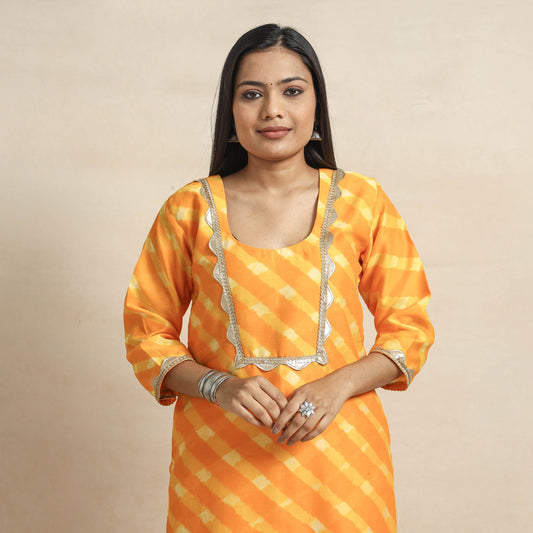 Light Orange - Leheriya Tie-Dye Chanderi Silk Straight Kurta with Lace Work