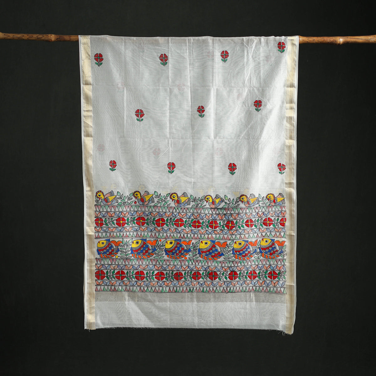 Handloom Chanderi Silk Handpainted Madhubani Dupatta with Zari Border 40