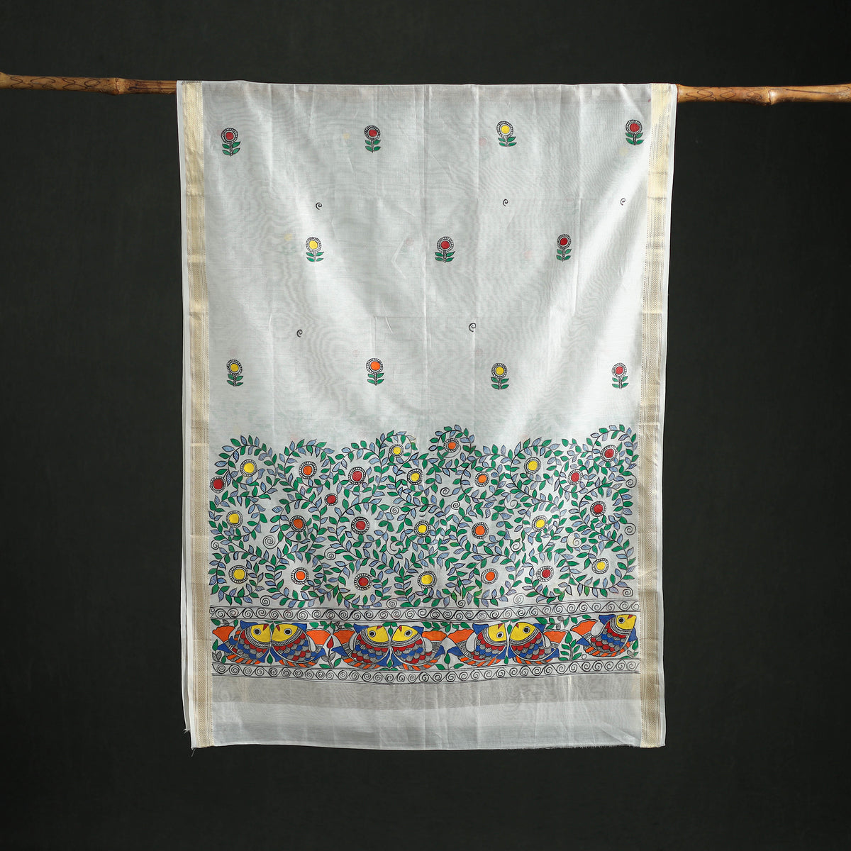 Handloom Chanderi Silk Handpainted Madhubani Dupatta with Zari Border 37