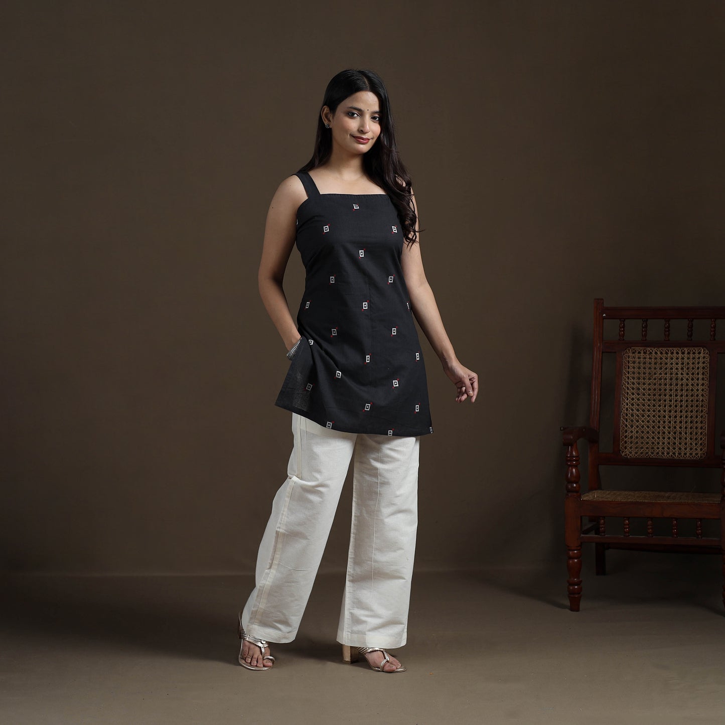 Black - Cotton Short Jacquard Kurta for Women 07