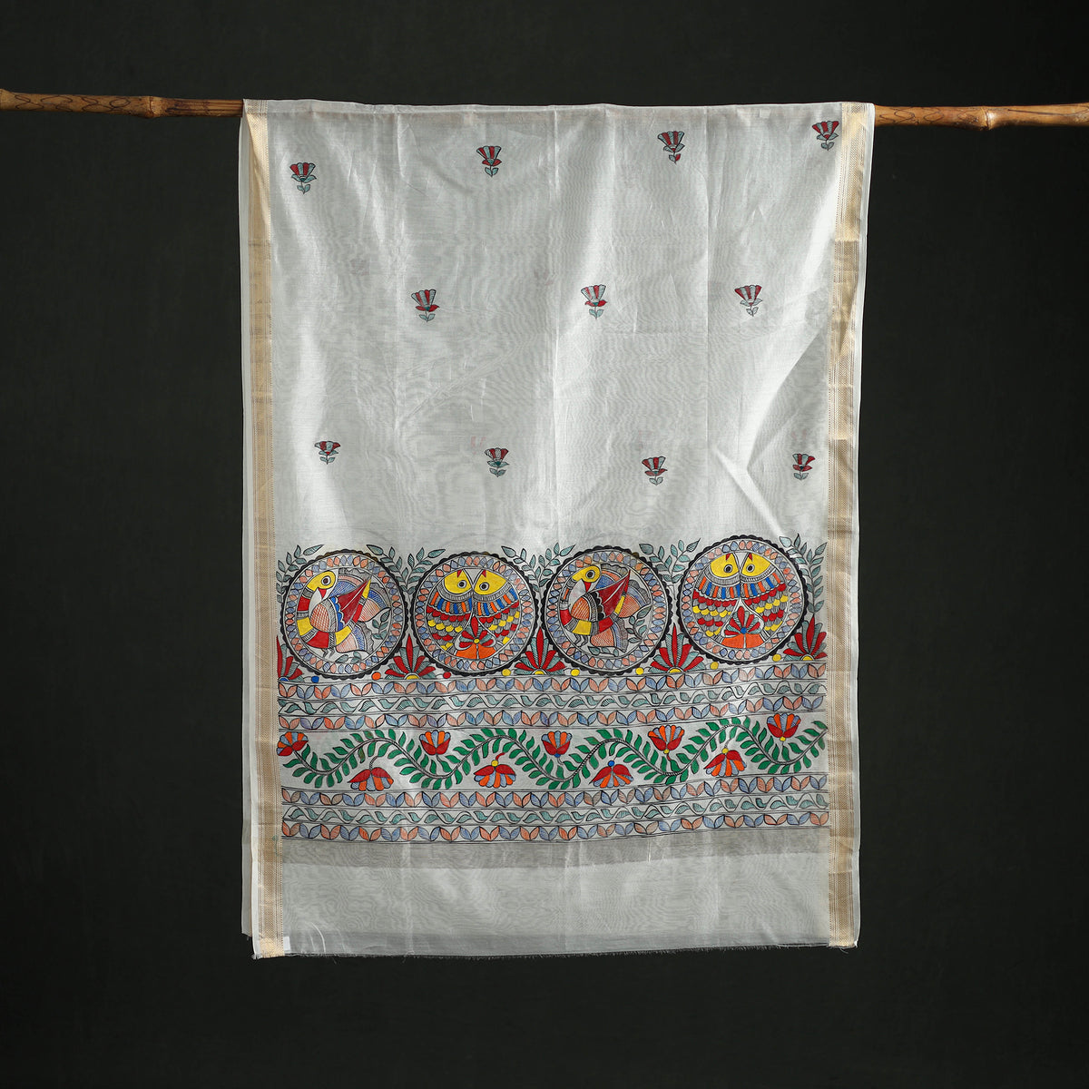 Handloom Chanderi Silk Handpainted Madhubani Dupatta with Zari Border 34