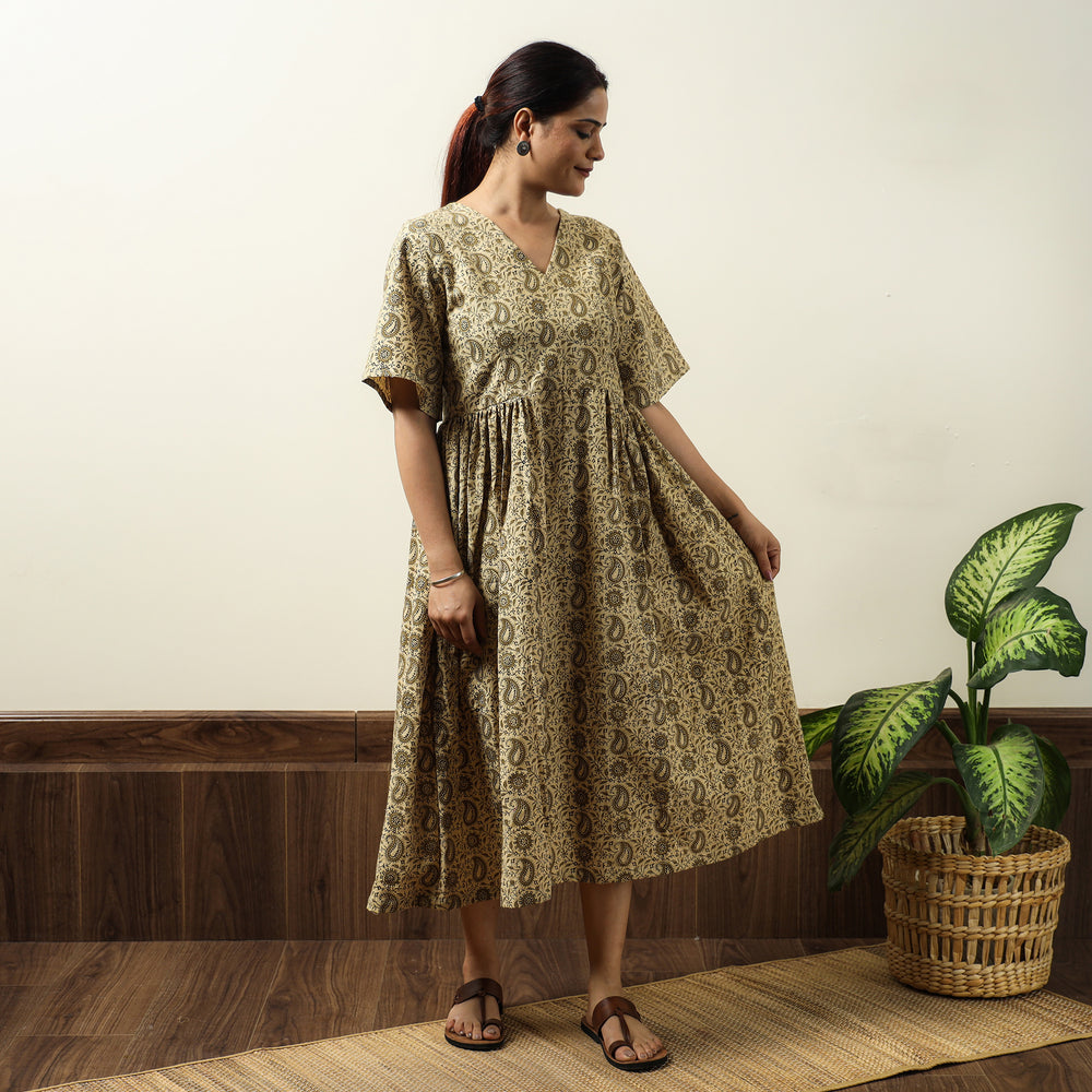 Beige - Kalamkari Block Printed Cotton Flared Gher Dress 03