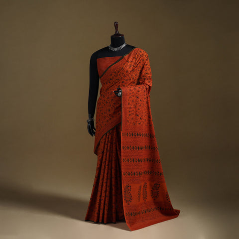 Orange - Gamthi Hand Block Print Pure Mul Cotton Saree with Blouse Piece 08