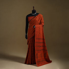 Orange - Gamthi Hand Block Print Pure Mul Cotton Saree with Blouse Piece 08
