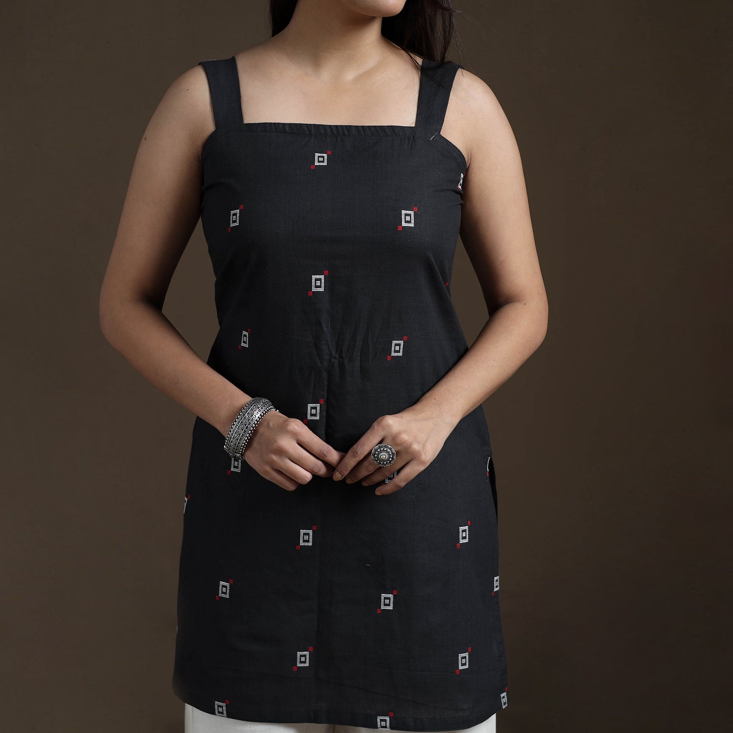 Black - Cotton Short Jacquard Kurta for Women 07