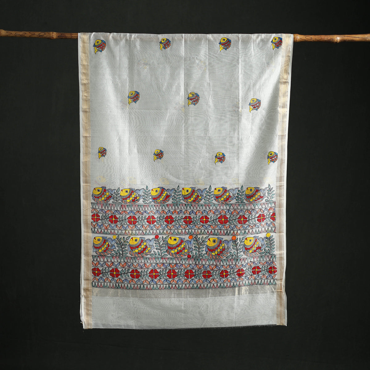 Handloom Chanderi Silk Handpainted Madhubani Dupatta with Zari Border 33