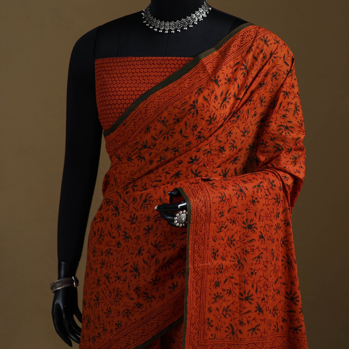 Orange - Gamthi Hand Block Print Pure Mul Cotton Saree with Blouse Piece 08