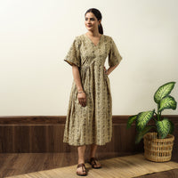 Beige - Kalamkari Block Printed Cotton Flared Gher Dress 03