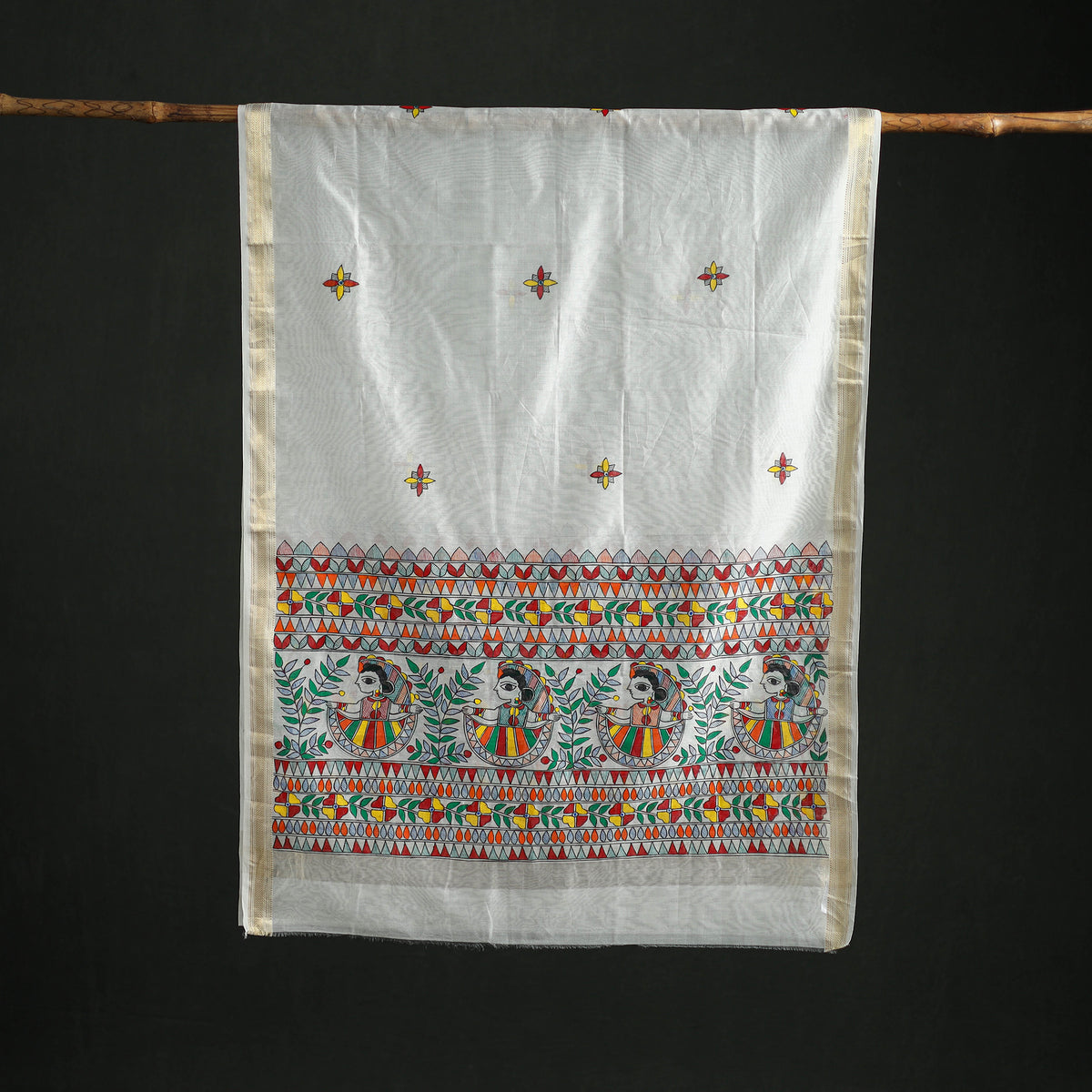 Handloom Chanderi Silk Handpainted Madhubani Dupatta with Zari Border 30