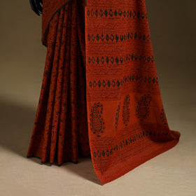 Orange - Gamthi Hand Block Print Pure Mul Cotton Saree with Blouse Piece 08