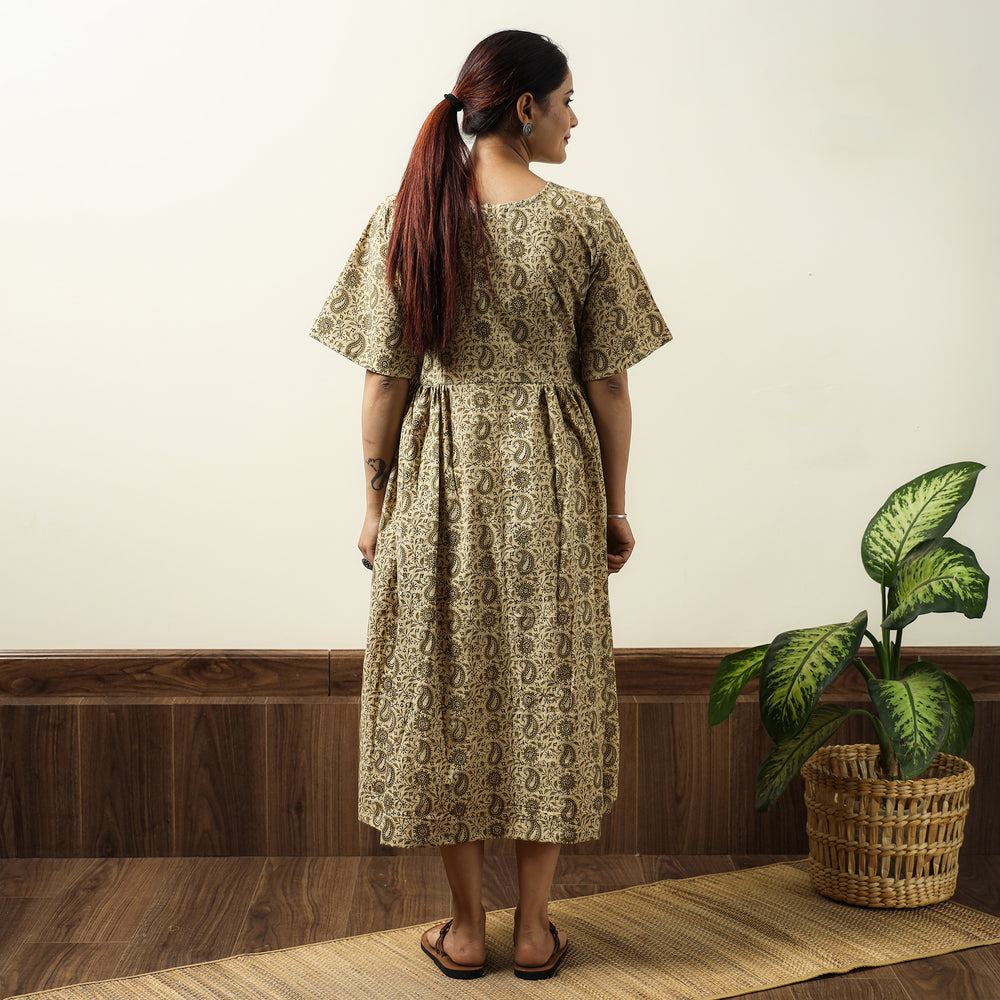 Beige - Kalamkari Block Printed Cotton Flared Gher Dress 03