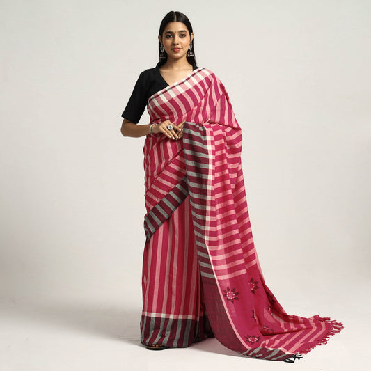 Pink, White & Black Stipe Cotton Saree with Floral Extra Weft