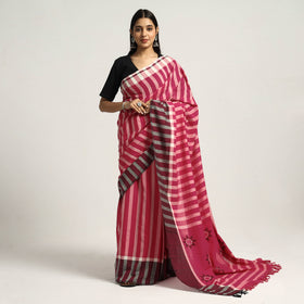  Pink, White & Black Stipe Cotton Saree with Floral Extra Weft 