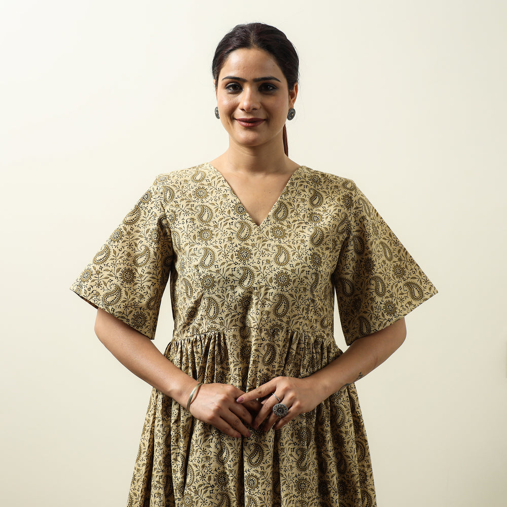 Beige - Kalamkari Block Printed Cotton Flared Gher Dress 03