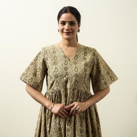 Beige - Kalamkari Block Printed Cotton Flared Gher Dress 03