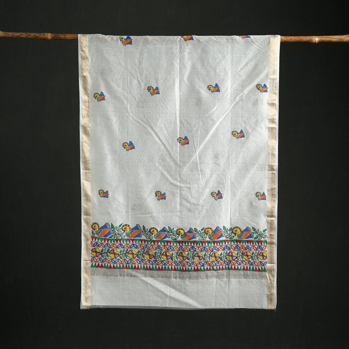 Handloom Chanderi Silk Handpainted Madhubani Dupatta with Zari Border 29