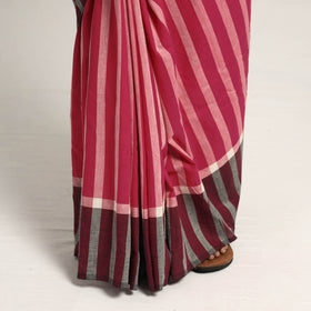  Pink, White & Black Stipe Cotton Saree with Floral Extra Weft 
