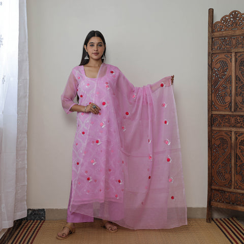 Pink - Kota Doria Cotton Embroidery Kurta Suit Set 11