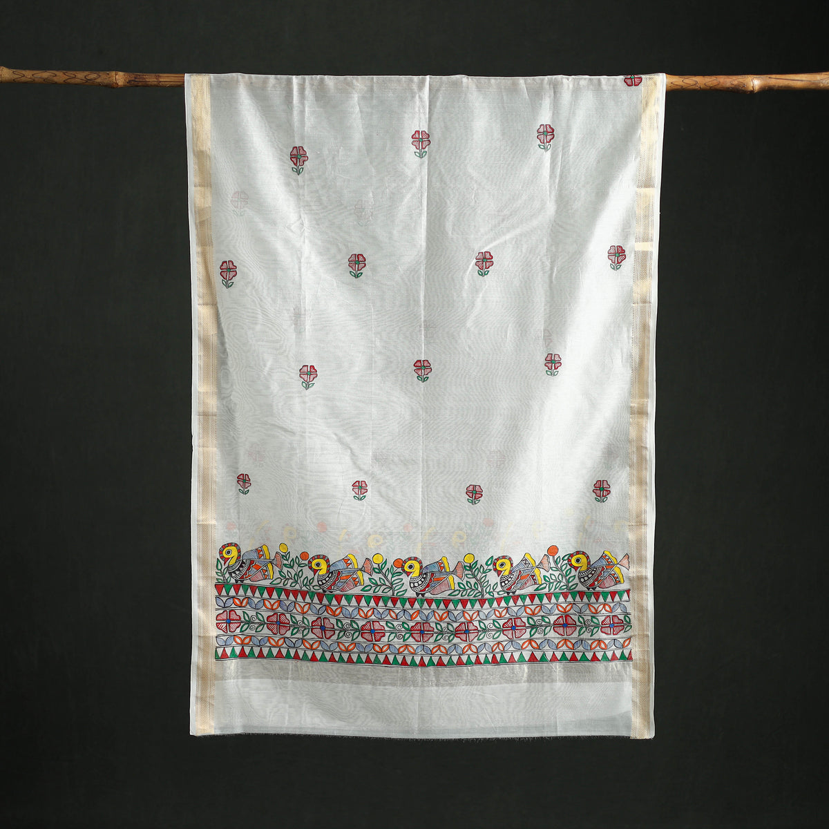Handloom Chanderi Silk Handpainted Madhubani Dupatta with Zari Border 24