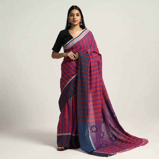 Red, Purple,White & Black Stripe Cotton Saree with Floral Extra Weft