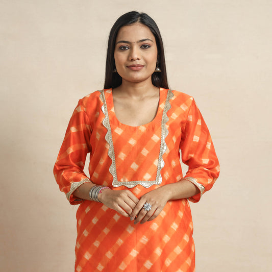 Orange - Leheriya Tie-Dye Chanderi Silk Straight Kurta with Lace Work