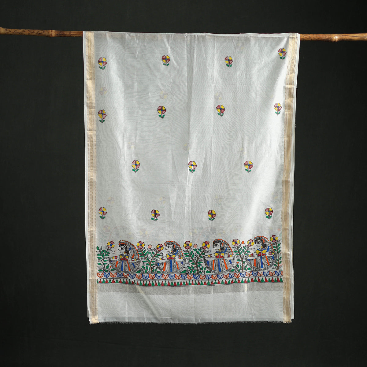 Handloom Chanderi Silk Handpainted Madhubani Dupatta with Zari Border 21