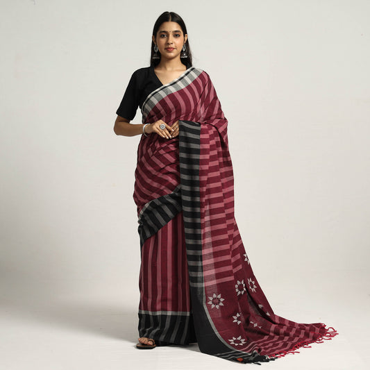 Pink - Magenta, White & Black Stripe Saree with Floral Extra Weft