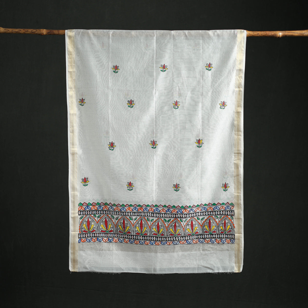 Handloom Chanderi Silk Handpainted Madhubani Dupatta with Zari Border 19