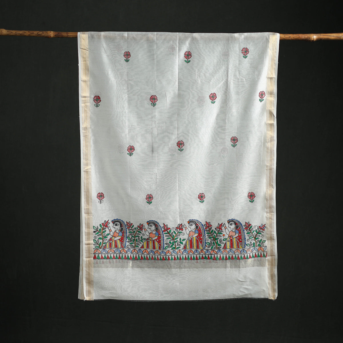 Handloom Chanderi Silk Handpainted Madhubani Dupatta with Zari Border 18
