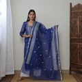 Blue - Kota Doria Cotton Embroidery Kurta Suit Set 13