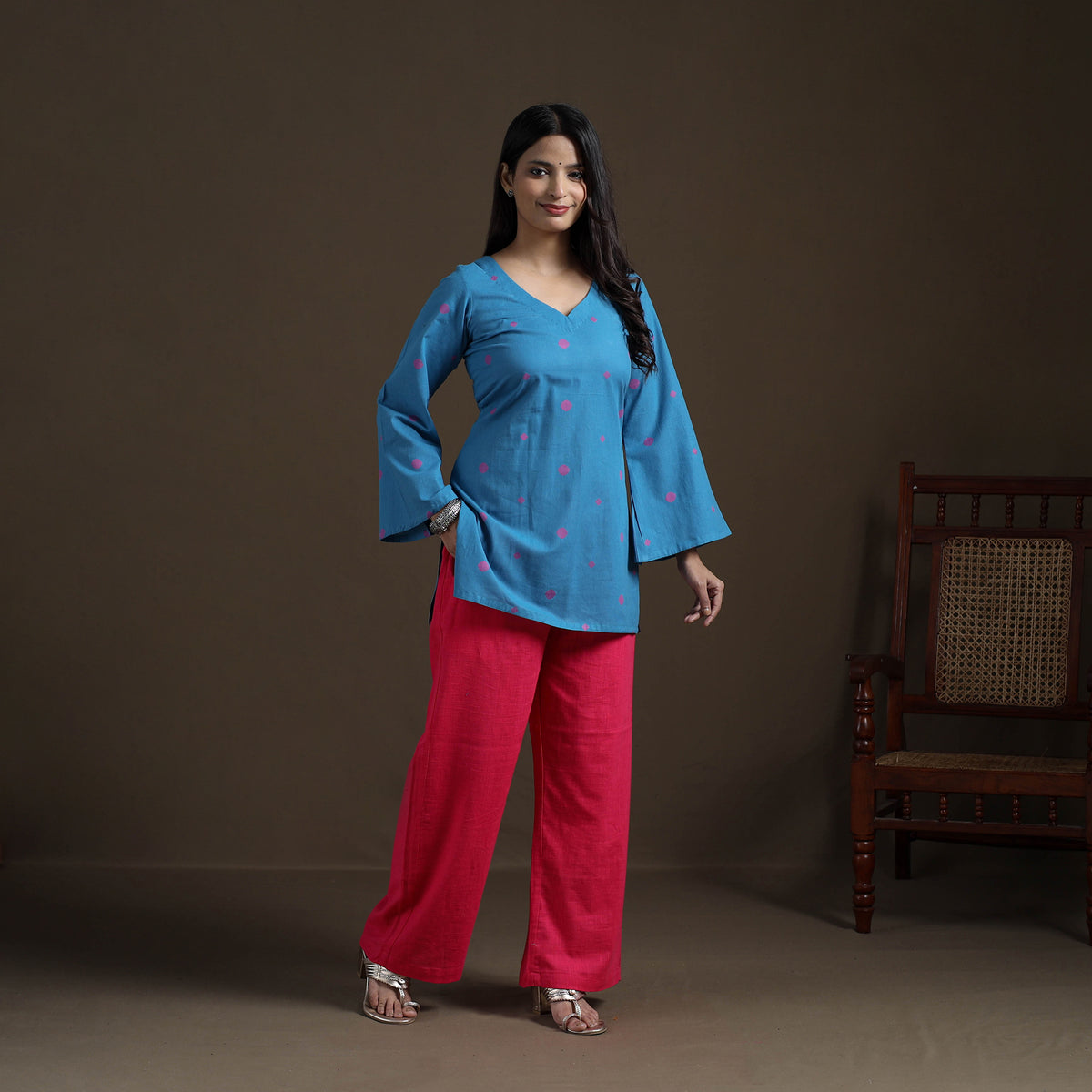 Blue - Cotton Short Jacquard Kurta for Women 13