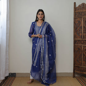 Blue - Kota Doria Cotton Embroidery Kurta Suit Set 13
