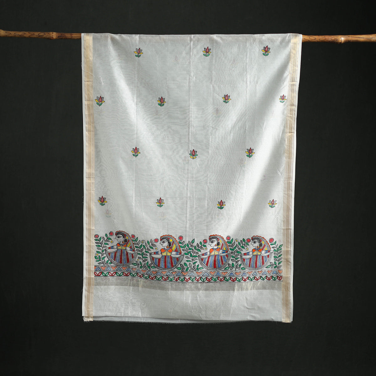 Handloom Chanderi Silk Handpainted Madhubani Dupatta with Zari Border 17