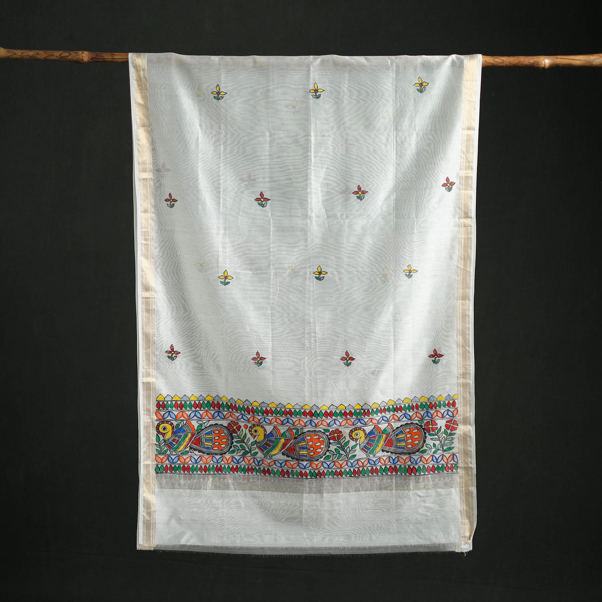 Handloom Chanderi Silk Handpainted Madhubani Dupatta with Zari Border 16