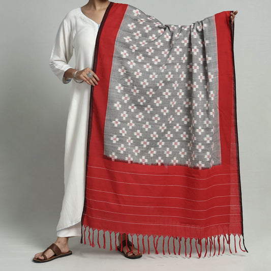Grey - Pochampally Ikat Weave Cotton Handloom Dupatta