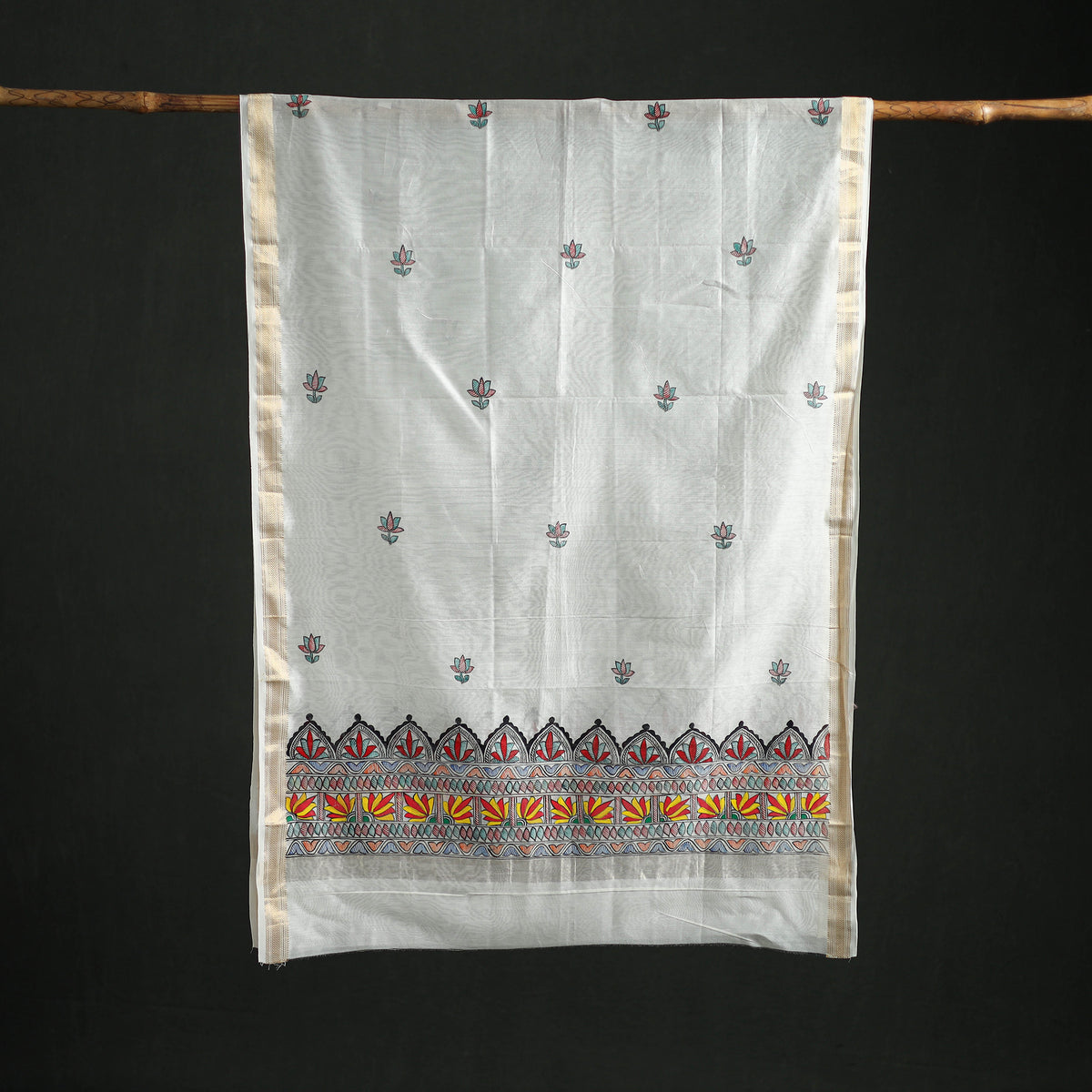 Handloom Chanderi Silk Handpainted Madhubani Dupatta with Zari Border 15