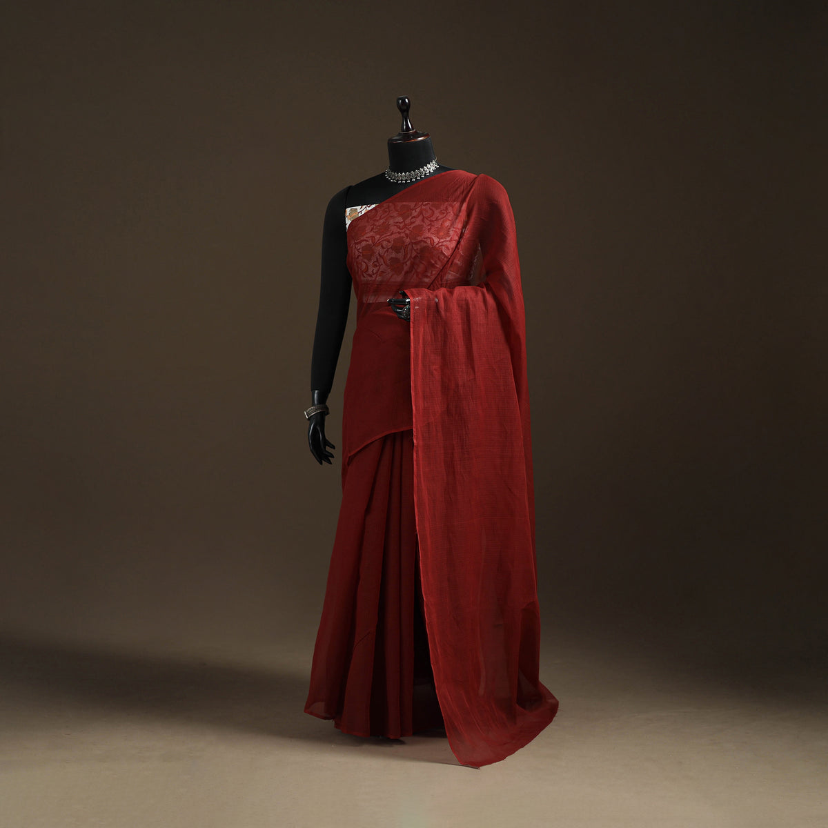 Maroon - Nazaakat Kota Doria Cotton Plain Saree with Blouse Piece & Earrings 33