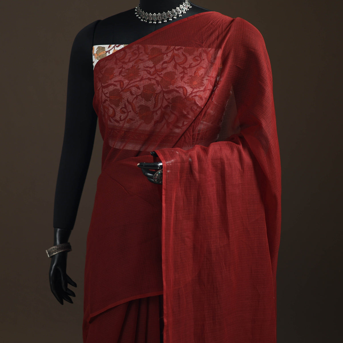 Maroon - Nazaakat Kota Doria Cotton Plain Saree with Blouse Piece & Earrings 33