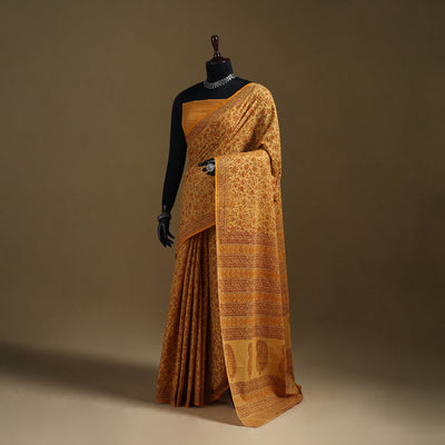 Yellow - Gamthi Hand Block Print Pure Mul Cotton Saree with Blouse Piece 12