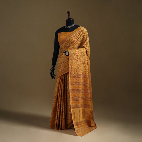 Yellow - Gamthi Hand Block Print Pure Mul Cotton Saree with Blouse Piece 12