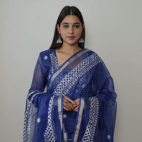 Blue - Kota Doria Cotton Embroidery Kurta Suit Set 13