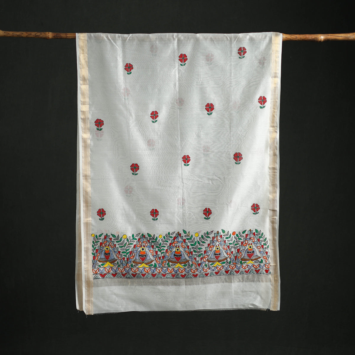 Handloom Chanderi Silk Handpainted Madhubani Dupatta with Zari Border 14