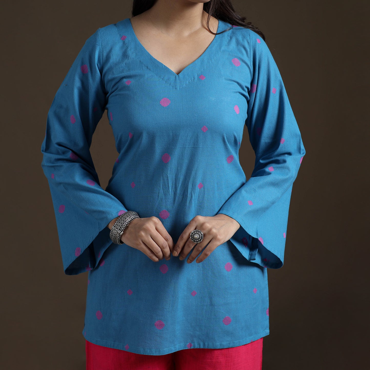Blue - Cotton Short Jacquard Kurta for Women 13