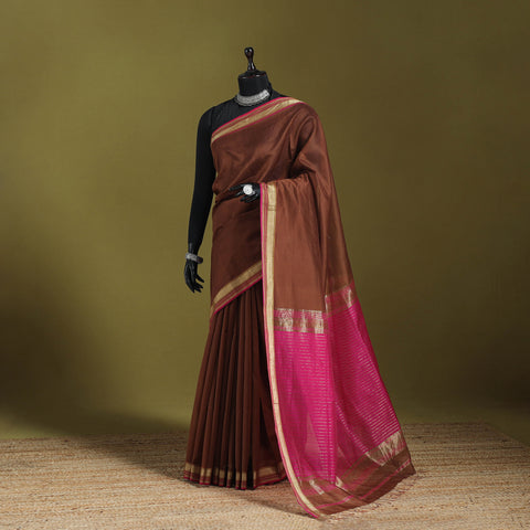 Brown - handloom silk cotton maheshwari saree with zari