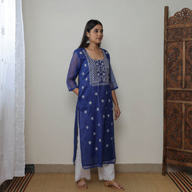 Blue - Kota Doria Cotton Embroidery Kurta Suit Set 13