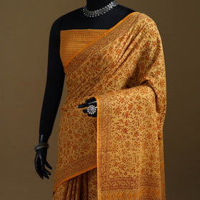 Yellow - Gamthi Hand Block Print Pure Mul Cotton Saree with Blouse Piece 12
