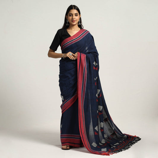 Blue Base Cotton Saree with Red & White Double Triangle & Diamond Extra Wefts Motifs on Body