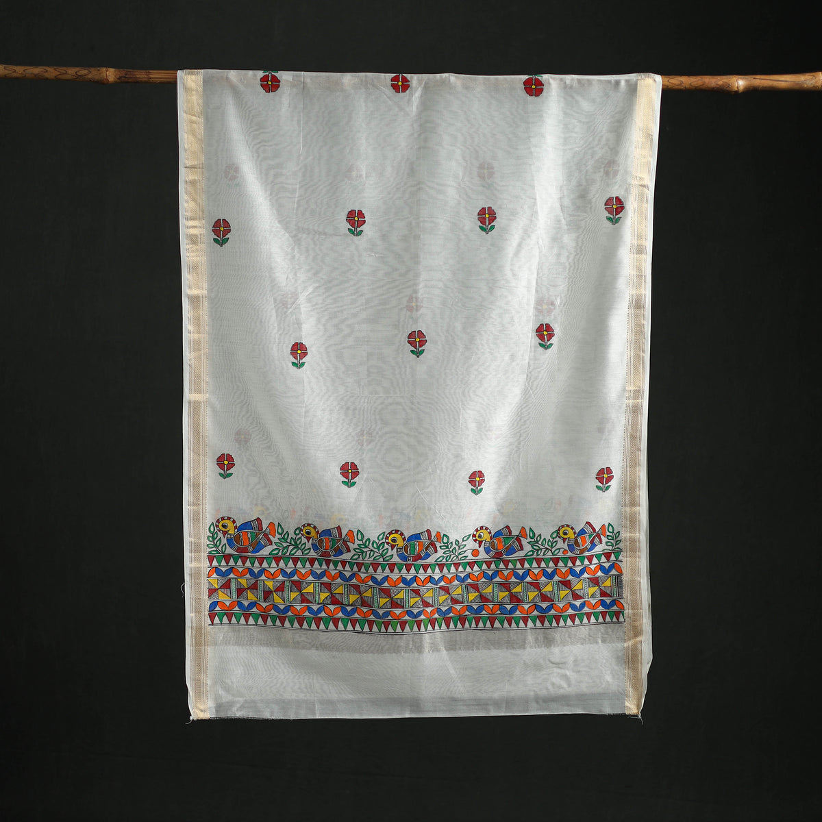 Handloom Chanderi Silk Handpainted Madhubani Dupatta with Zari Border 12