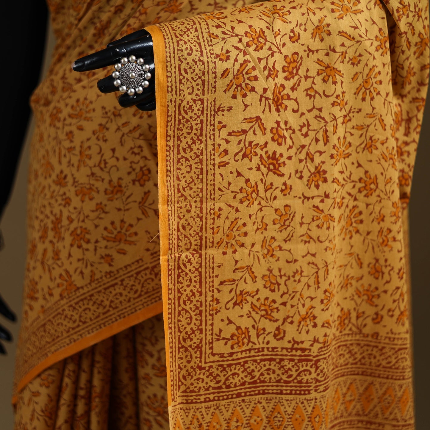 Yellow - Gamthi Hand Block Print Pure Mul Cotton Saree with Blouse Piece 12